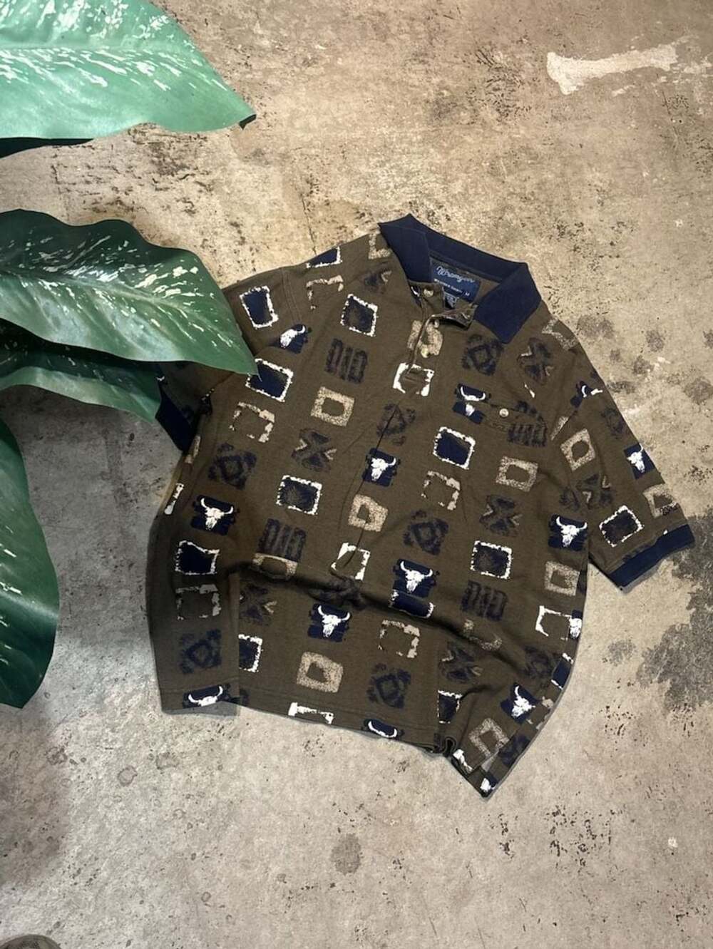 Wrangler Western Shirts Vintage 90s All-Over Print Polo Shirt Brown Size M